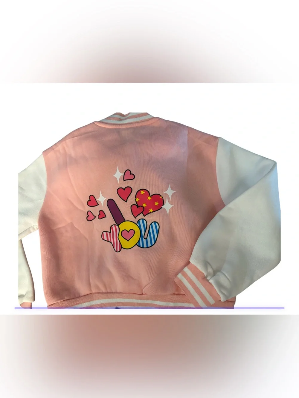 NWOT-9-10yY Kids Varsity Pink & White Cartoon Bomber Jacket